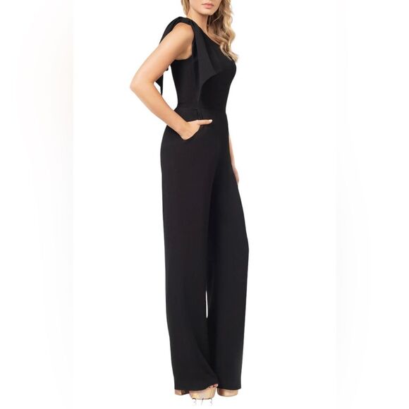 Dress the Population Tiffany One-Shoulder Bow Jumpsuit Sleeveless Stretchy New